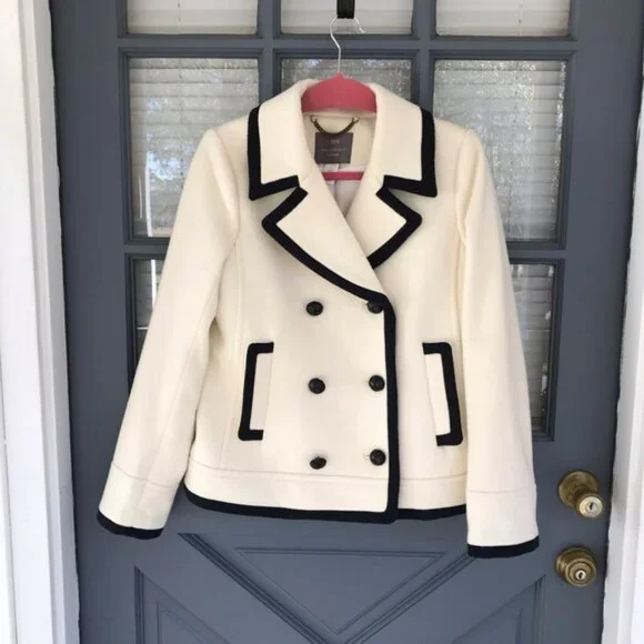 J. Crew Nello Gori Cream Black Double Breasted Wool Peacoat Jacket Blazer Size 8 - Picture 9 of 9
